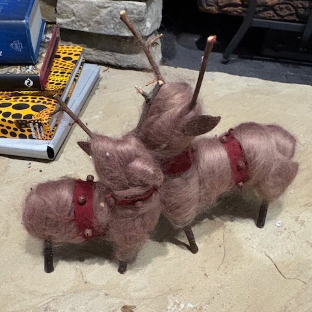 Pair of Whimsical Handmade Christmas Holiday Winter Rustic Reindeer with Bells